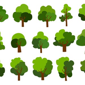 May include: A collection of fifteen flat vector illustrations of deciduous trees, each featuring a brown trunk and a canopy composed of layered shades of green, ranging from light lime to deep forest green, arranged in three rows of five.
