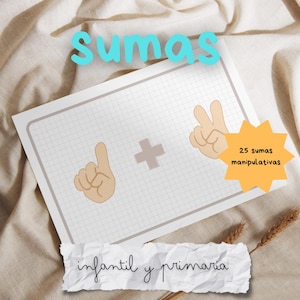 Puede incluir: Una hoja de papel blanca con un patrón de cuadrícula. Las palabras "Sumas" e "infantil y primaria" están escritas en azul. Hay dos ilustraciones de manos con dedos extendidos, un signo más y el texto "25 sumas manipulativas".