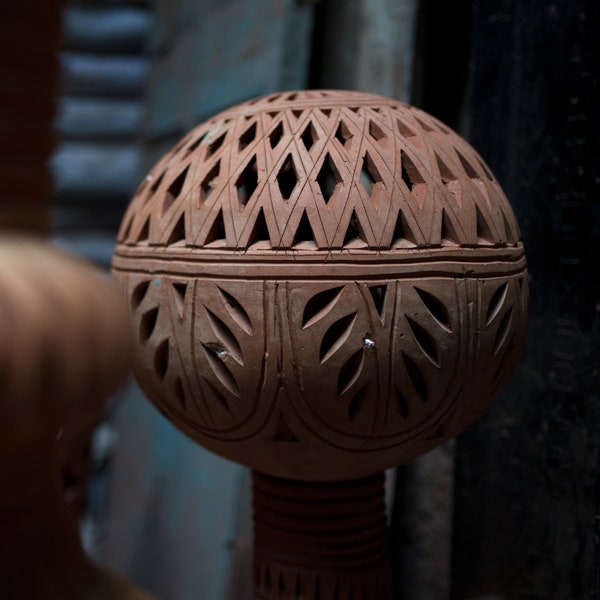 Carved Ethnic Indian Terracotta Decorative Vase, See through Clay Lamp, Indian Pot, Handmade Vessel, Antique pot, Home Decor Vase