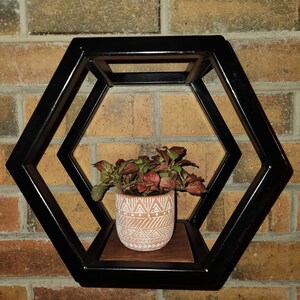 May include: A black hexagonal shelf with a wooden shelf and a small terracotta pot with a white geometric pattern, holding a leafy plant with red and green leaves.
