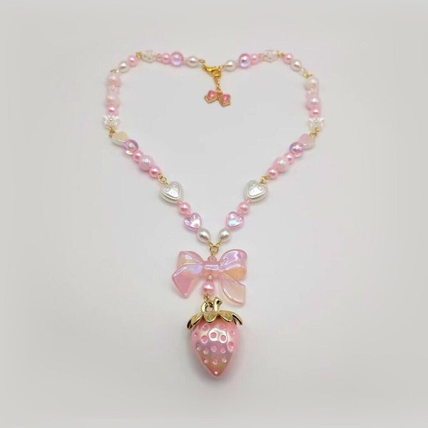 Coquette cottagecore strawberry bow necklace pearl fairycore heart pink white