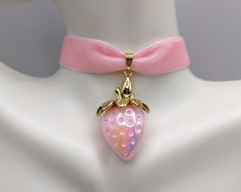 Cute pastel pink strawberry velvet choker kawaii coquette cottagecore