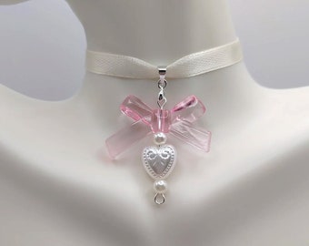 Dainty coquette satin ribbon choker pearl heart bow