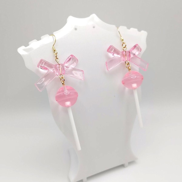 Cute coquette pink candy bow lollipop decora earrings
