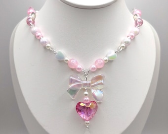 Collier coquette princesse noeud coeur pierre perle rose blanche