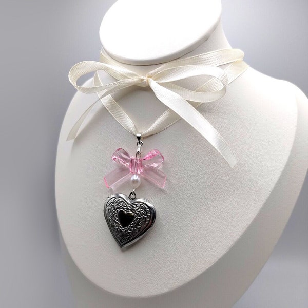 Self-tying coquette stacked satin ribbon heart locket bow choker necklace
