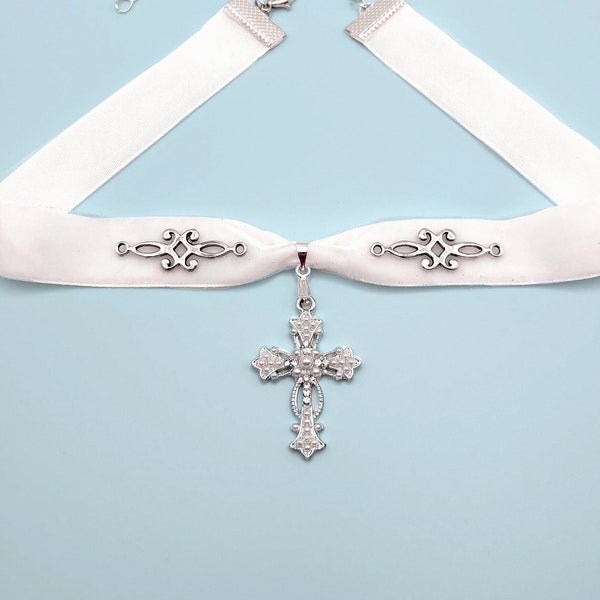 Coquette angelic silver & pearl cross white velvet choker