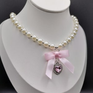 Coquette pearl bow heart necklace, pink rhinestone gem, satin ribbon,