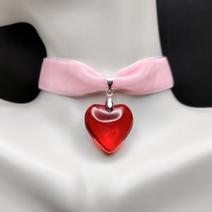 Cute lovecore pink red glass heart velvet choker