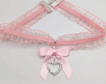 Coquette pink ruffled lace satin bow heart choker, silver rhinestone heart, pink satin bow