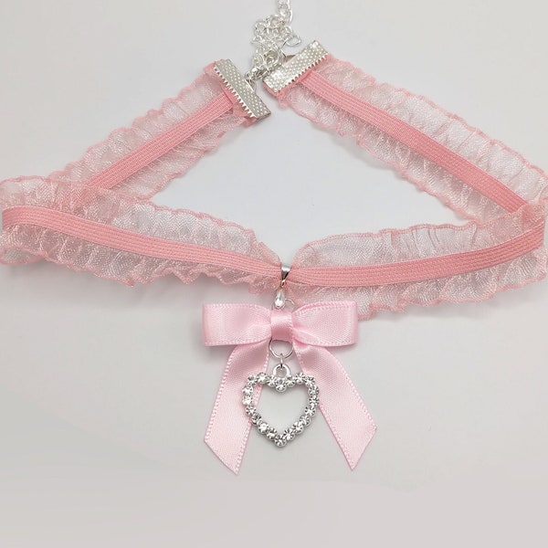 Coquette pink ruffled lace satin bow heart choker, silver rhinestone heart, pink satin bow