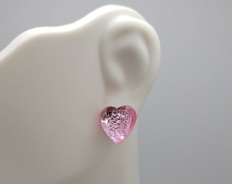 Shiny pink heart gem stud earrings