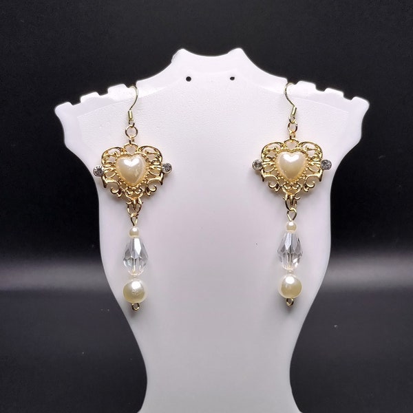 Gold pearl baroque earrings, crystal, heart, teardrop, victorian