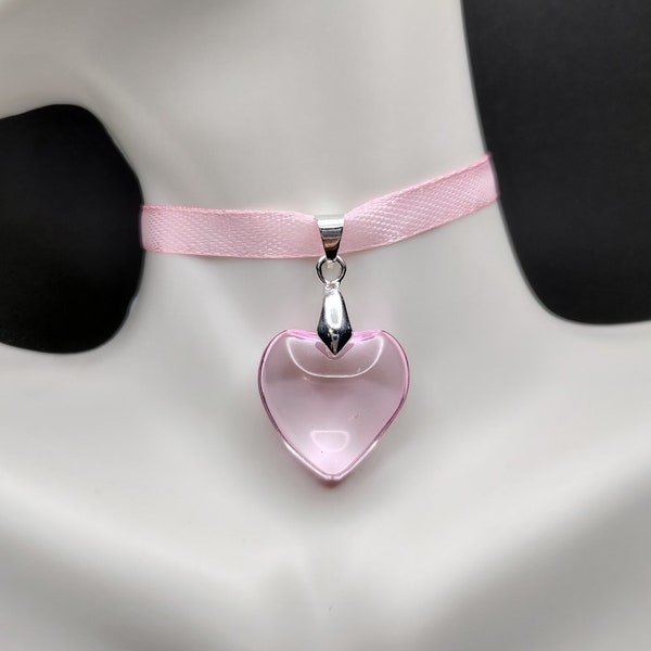 Dainty coquette pink glass heart satin ribbon choker romantic dolly