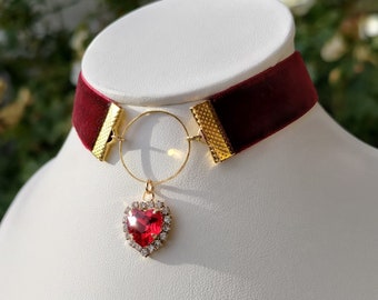 Elegant romantic wine red heart gem choker, gold ring, rhinestones