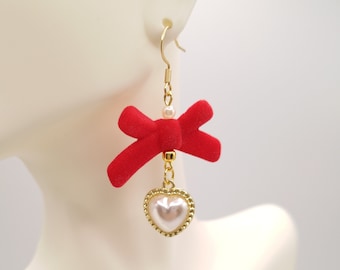 Red rococo bow heart earrings, gold, pearl