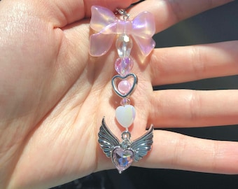 Coquette angelic pink bow angel wings heart gem keychain phone strap y2k pearl