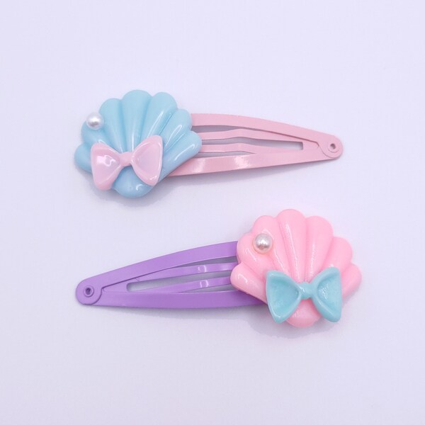 Pastel mermaid shell 2pc hair clips, bow, pearl, pink, blue, purple fairy kei