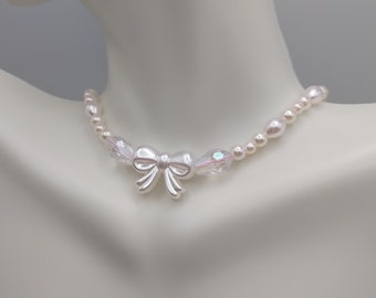 Dainty coquette pearl bow necklace, crystal, cottagecore, dollette, dolly