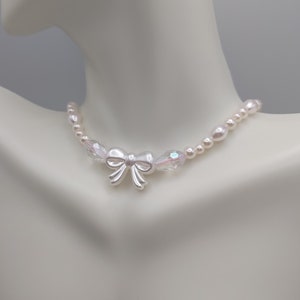 Dainty coquette pearl bow necklace, crystal, cottagecore, dollette, dolly