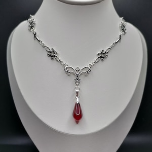 Gothic silver blood red teardrop necklace, pendant, rose, cross, vampire, goth