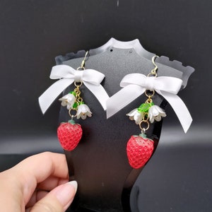 Cottagecore strawberry bow earrings, flower, lily of the valley, satin bow, coquette