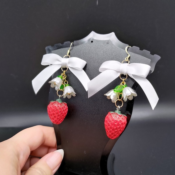 Cottagecore strawberry bow earrings, flower, lily of the valley, satin bow, coquette