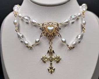 Romantic baroque gold cross gothic necklace pearl heart