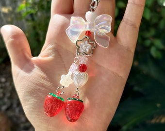 Cottagecore coquette strawberry flower bow keychain phone strap pearl heart