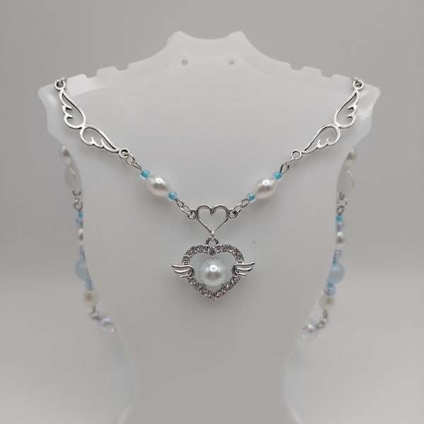 Angelic y2k coquette angel wings rhinestone necklace heart pearl