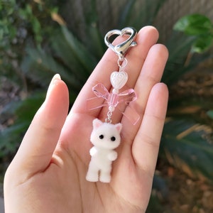 Cute fuzzy kitty cat heart bow keychain, kitten, kawaii, pink bow, pearl heart