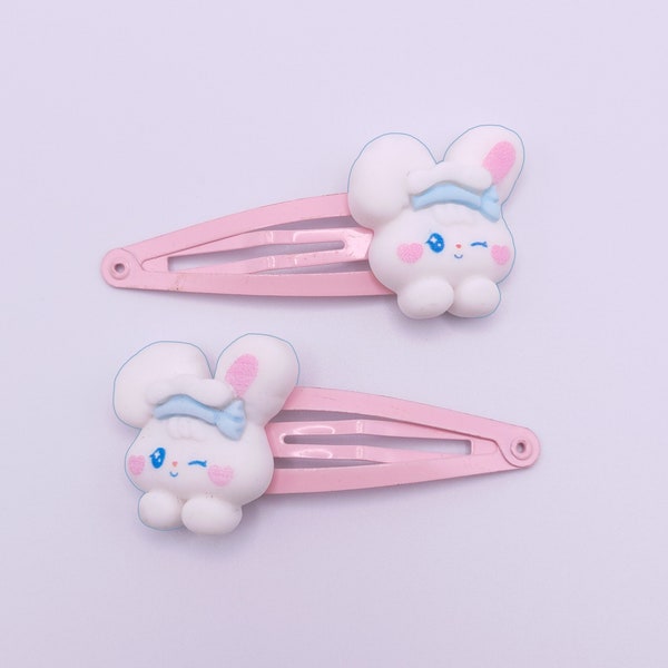 Cute pastel bunny 2pc hairclip set, kawaii, anime, rabbit, pink blue heart