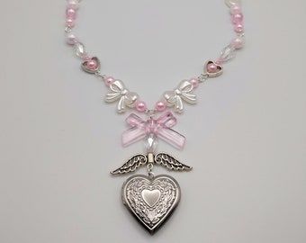 Coquette dolly heart locket bow necklace pink white silver romantic cottagecore dollette