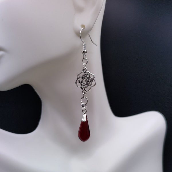 Gothic silver blood red teardrop earrings, rose, vampire, goth, blooddrop