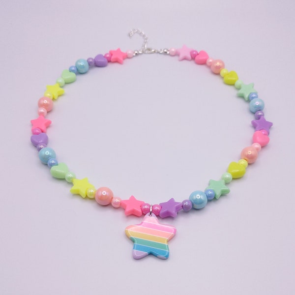 Pastell Regenbogen Farbverlauf Fairy Kei Halskette, Kidcore, Kawaii, Clowncore