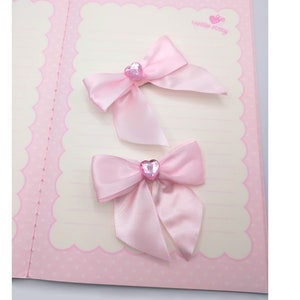 Pink satin hair bow clip 2 piece set, light pink heart gem image 1