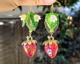 Cottagecore strawberry earrings, flower, lily of the valley, leaves, gold