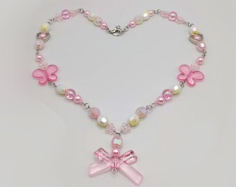 Dainty fairycore cottagecore coquette bow necklace pink yellow spring fairy princess easter butterfly