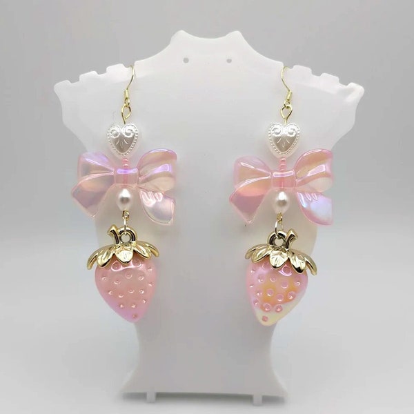 Pastel strawberry coquette cottagecore bow earrings pearl heart milky