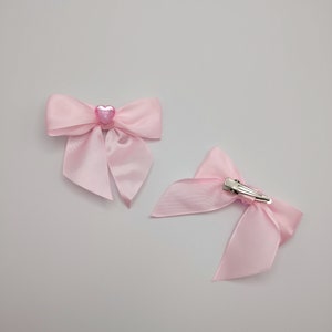 Pink satin hair bow clip 2 piece set, light pink heart gem image 7