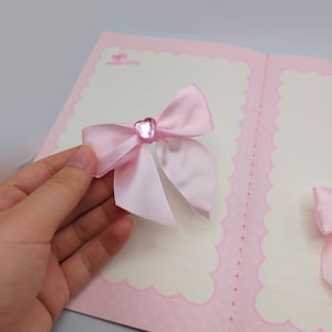 Pink satin hair bow clip 2 piece set, light pink heart gem image 6