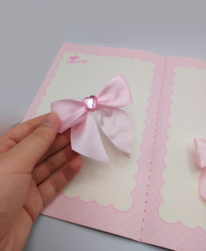 Pink satin hair bow clip 2 piece set, light pink heart gem image 6