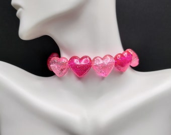 Lovecore decora sparkly heart choker, pink hearts necklace