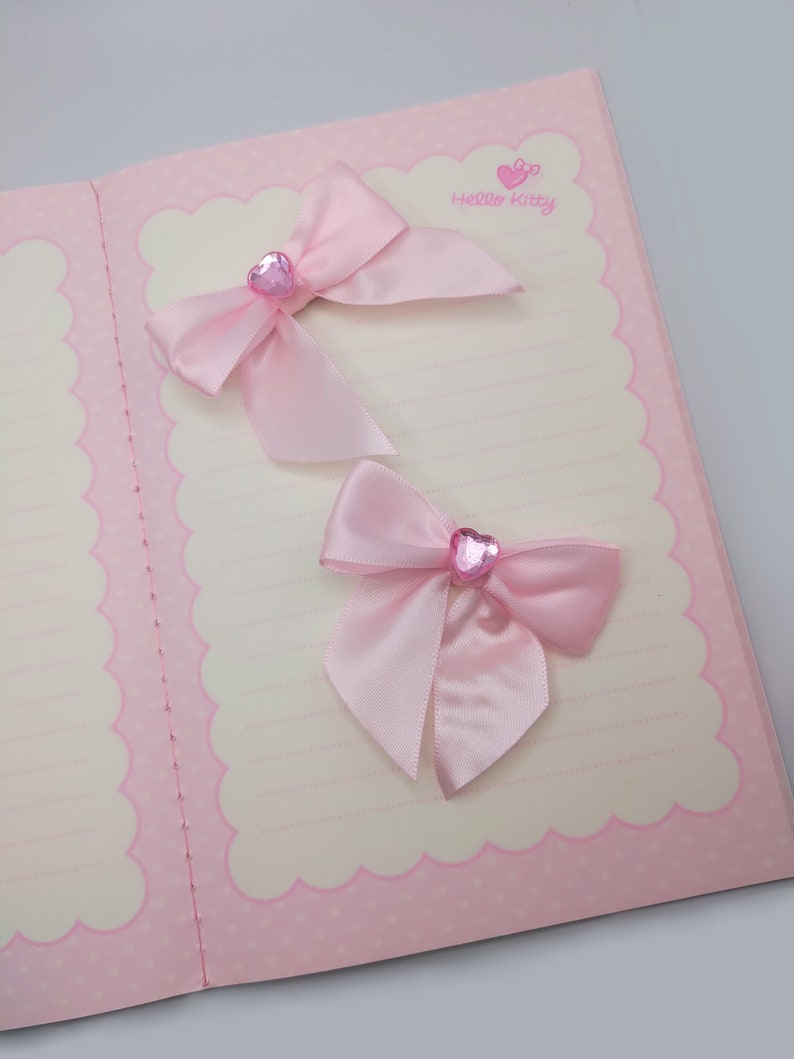 Pink satin hair bow clip 2 piece set, light pink heart gem image 8