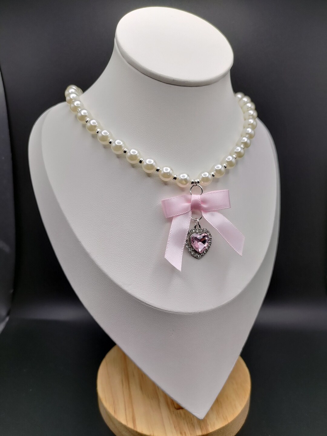 Coquette Pearl Bow Heart Necklace, Pink Rhinestone Gem, Satin Ribbon ...
