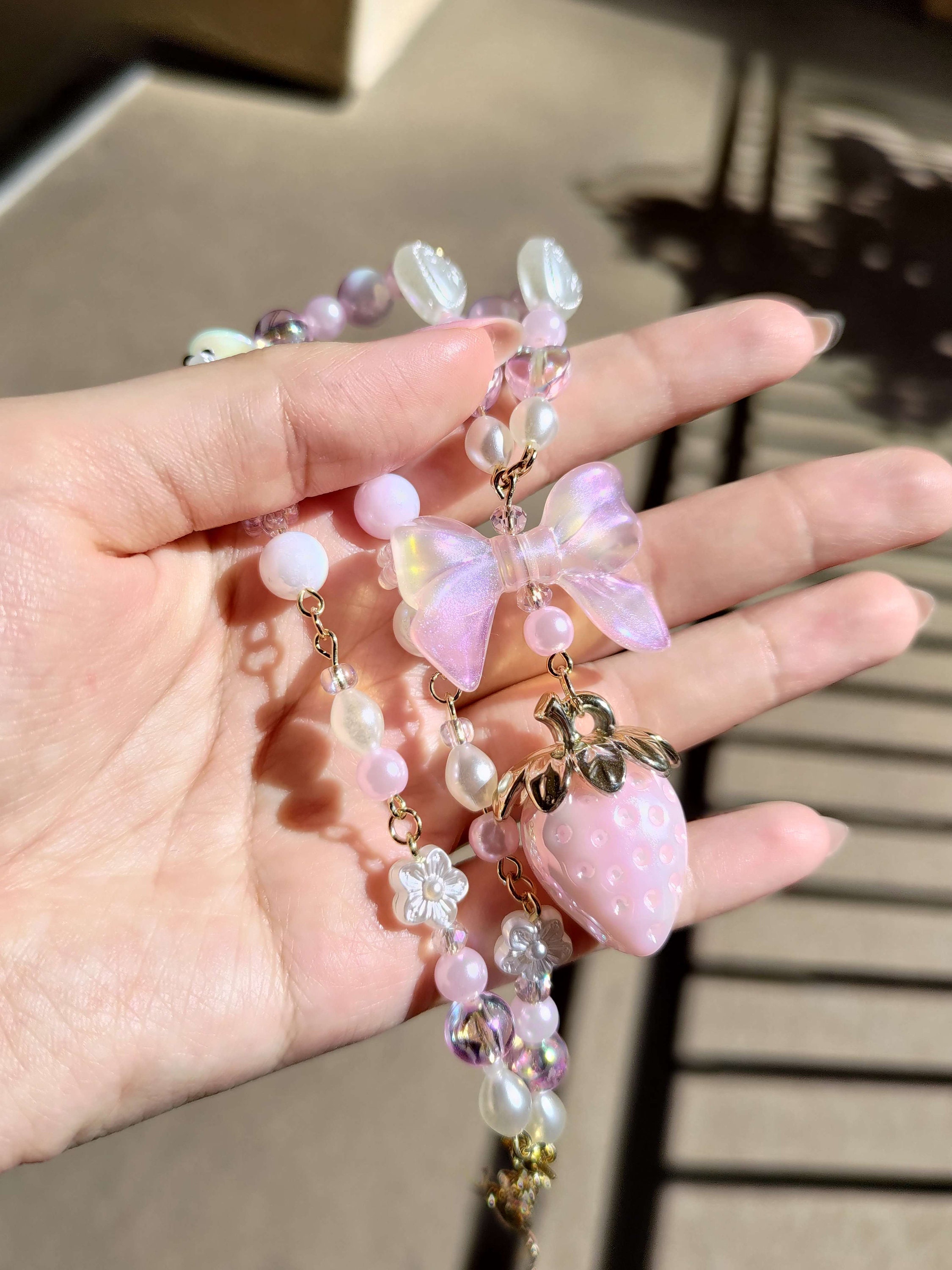 Coquette Rose Quartz Crystal Beaded Necklace, Pearl Ribbon Bow Necklace, Cute Cottagecore Fairycore Y2K Choker, Gift for Her