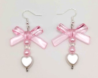 Coquette dolly cottagecore bow earrings pink white pearl heart ribbon