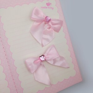 Pink satin hair bow clip 2 piece set, light pink heart gem image 3