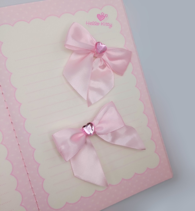 Pink satin hair bow clip 2 piece set, light pink heart gem image 3