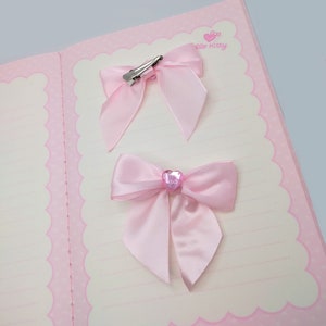 Pink satin hair bow clip 2 piece set, light pink heart gem image 2